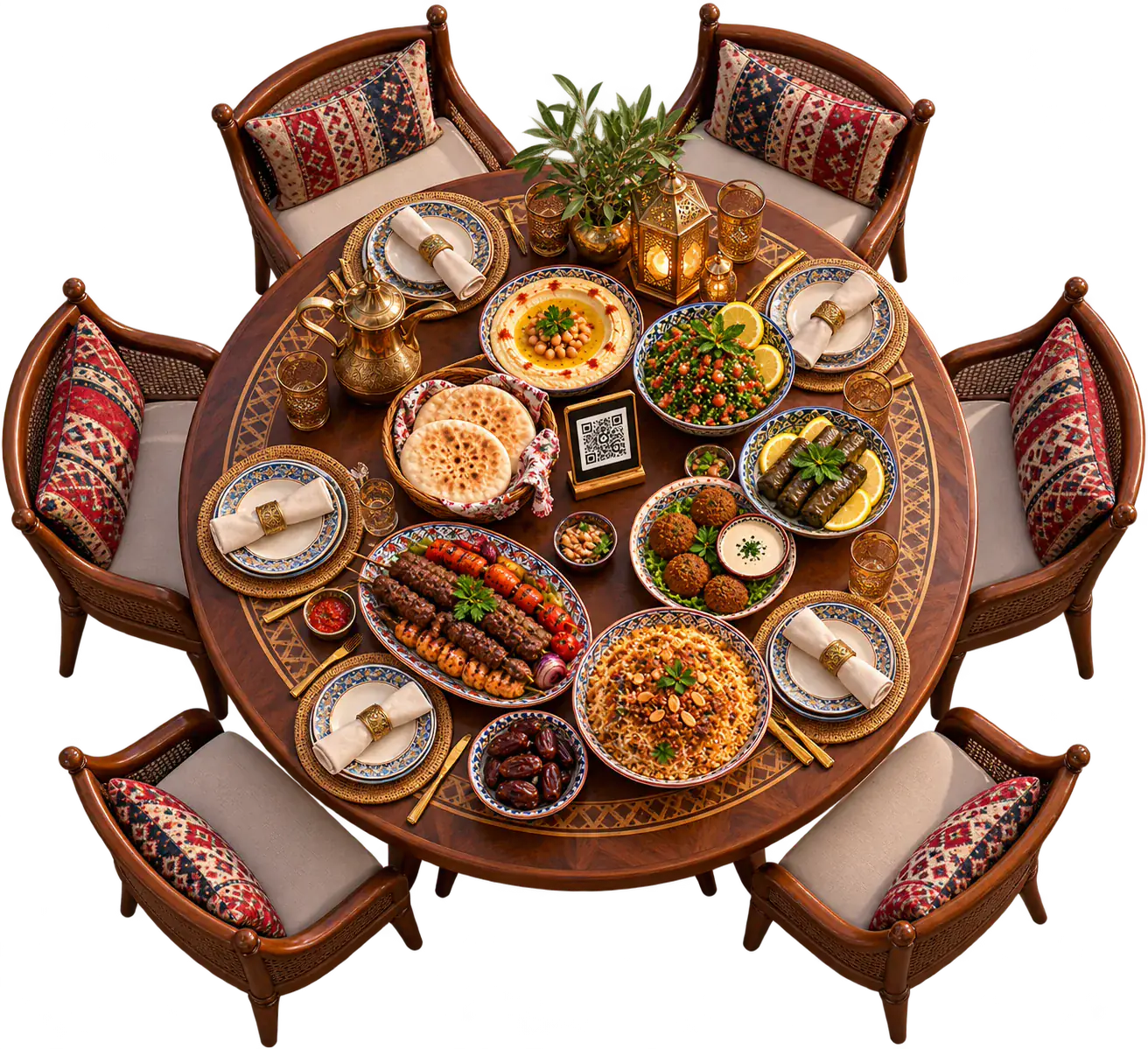 A round Arabic table with its chairs, set with dishes, a small QR tag in the middle